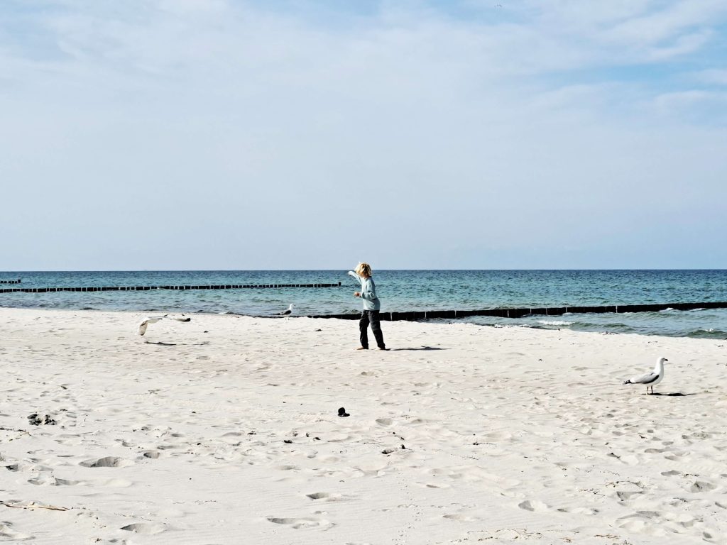 Kind am Strand mit Möwen